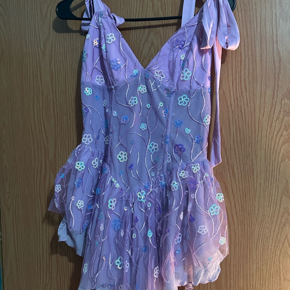 Lilac Embroidered Floral Tie-Shoulder Dress